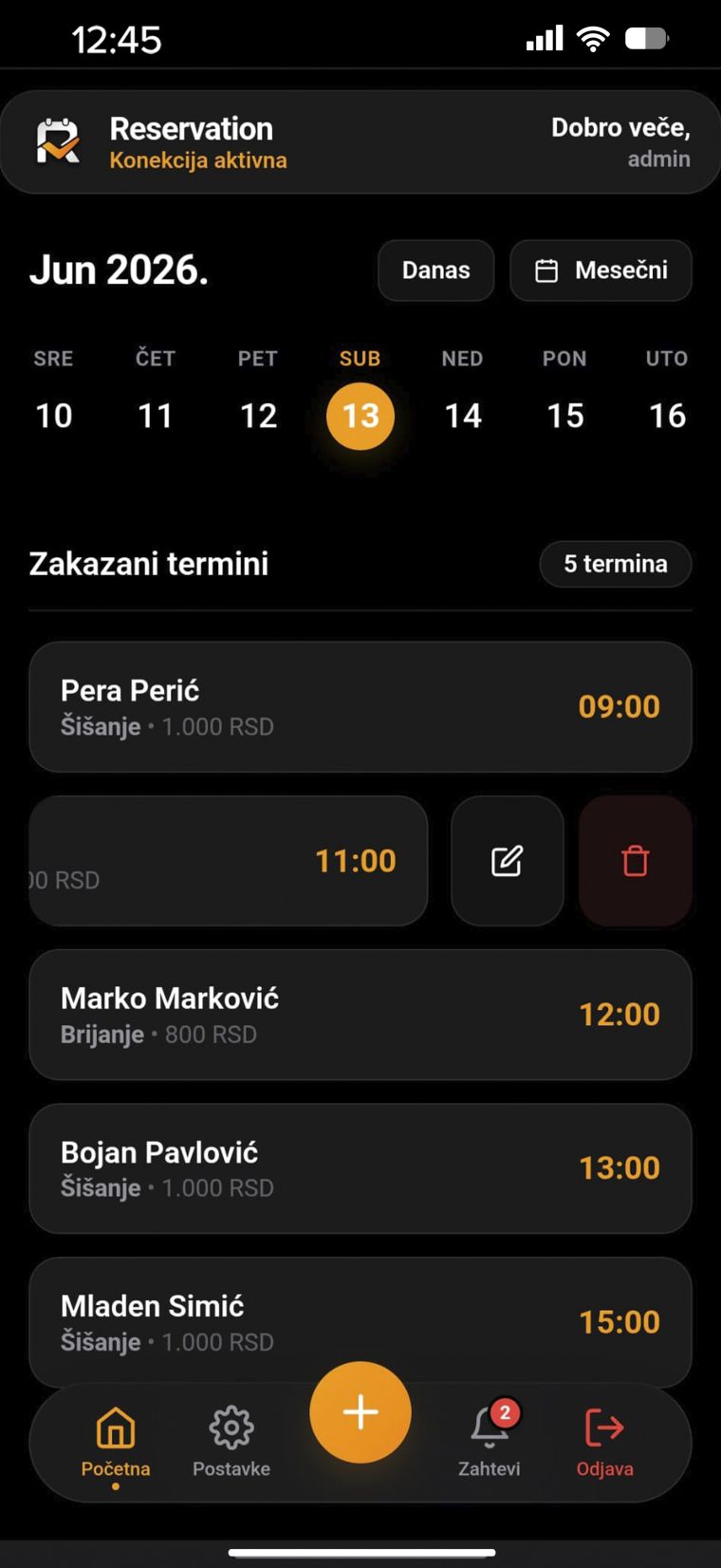 Reservation admin app: daily schedule